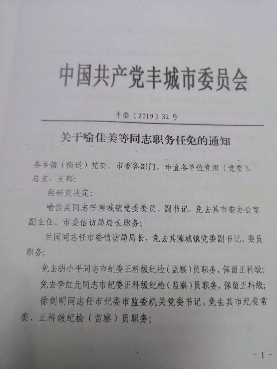 丰城市人民政府办公室最新人事任命通知公告